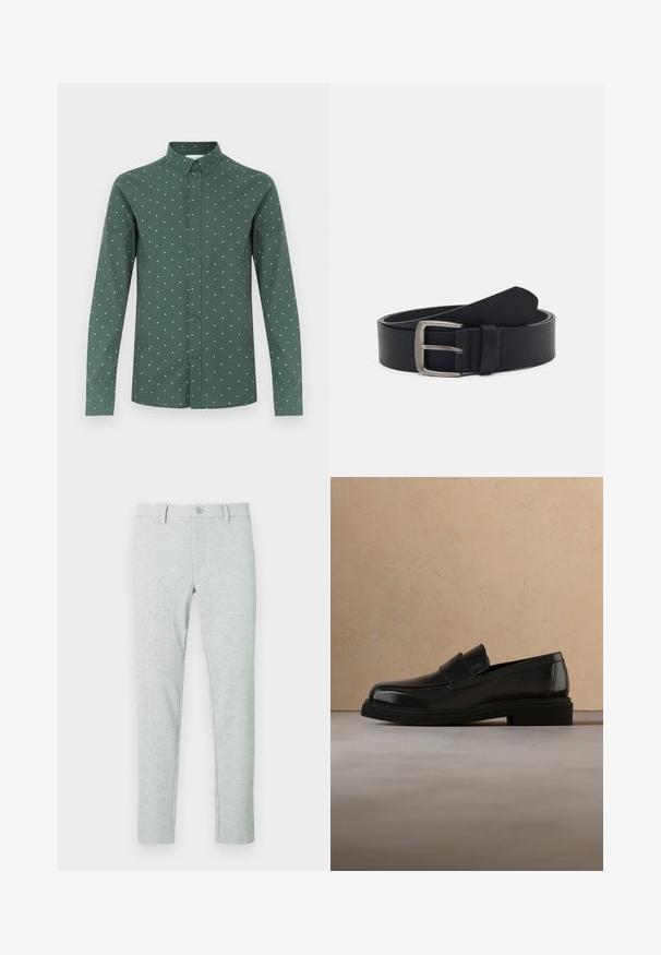 Chemise verte à manches longues avec un col boutonné, présentant un motif subtil de petits losanges bleu clair et un ourlet droit.; Chinos gris clair avec une texture lisse, coupe ajustée, fermeture à boutons, et motif vertical côtelé subtil. Poches avant et passants pour ceinture inclus.; Mocassin en cuir noir flottant au-dessus d'un tapis beige texturé, avec une table basse ronde en bois et des livres en arrière-plan.; Ceinture en cuir noir avec une boucle en métal argenté, présentant une finition lisse et un design classique. La ceinture est enroulée avec l'extrémité pointée.