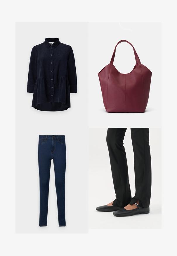 Marineblauwe corduroy blouse met een knoopsluiting aan de voorkant, kraag en driekwartmouwen. Bevat een peplum-stijl gerimpelde zoom en een zachte textuur.; Skinny jeans in donkerblauwe denim met een gladde textuur, voorzien van een klassieke vijf-pocketontwerp en contrasterende gouden stiksels.; Benen met zwarte smalle broek met voorsplitten aan de zoom, gecombineerd met zwarte platte Mary Jane-schoenen met een klein gespje.; Bordeaux lederen tote bag met twee stevige handvatten, met een gladde textuur en een taps toelopend ontwerp met naaddetail op de voorkant.