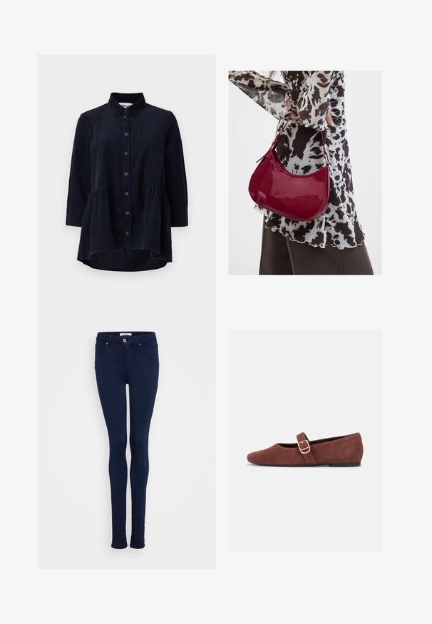 Marineblå kordfløjlsskjorte med knaplukning foran, krave og trekvartærmer. Har en peplum-stil samlet søm og blød tekstur.; Marineblå skinny jeans lavet af strækstof, med en glat overflade, fem-lomme design og en knaplukning i taljen.; Brun ruskind Mary Jane-flad sko med en guldspænde og sort sål på hvid baggrund.; Kvinde iført en sort- og hvidmønstret bluse, der holder en blank rød skuldertaske mod en ensfarvet baggrund.