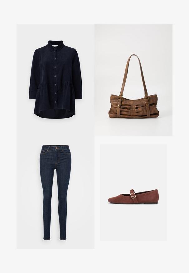 Marineblaues Cordhemd mit Knopfleiste, Kragen und Dreiviertelärmeln. Merkmale sind ein taillierter, geraffter Saum und eine weiche Textur.; Dunkelblaue Skinny-Jeans aus Denim mit hohem Bund, fünf Taschen und Kontrastnähten entlang der Nähte.; Brauner Wildleder-Mary-Jane-Flachschuh mit goldener Schnallenriemen und schwarzer Sohle vor weißem Hintergrund.; Even&Odd Handtasche - brown