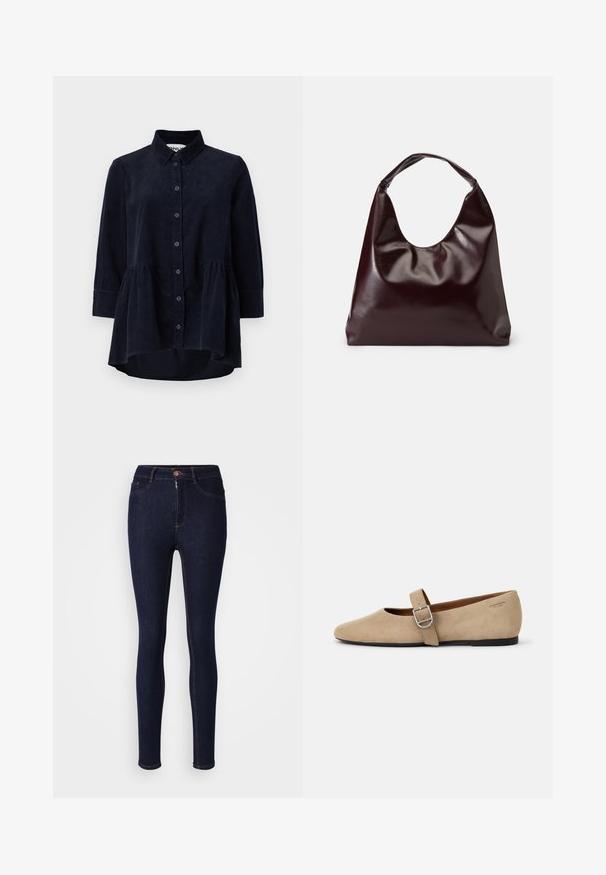 Marineblaues Cordhemd mit Knopfleiste, Kragen und Dreiviertelärmeln. Merkmale sind ein taillierter, geraffter Saum und eine weiche Textur.; Dunkelblaue Skinny-Jeans aus Denim mit Reißverschluss und Knopfverschluss, ausgestattet mit Kontrastnähten entlang der Nähte.; Beige Wildleder Mary Jane Ballerinas mit spitzer Zehe und einem verstellbaren Riemen mit einer silbernen Schnalle. Schwarze flache Sohle.; Burgunderfarbene, glänzende tote Bag aus veganem Leder mit einer weichen, skulpturalen Form und einem breiten, geschwungenen Henkel für einfaches Tragen.