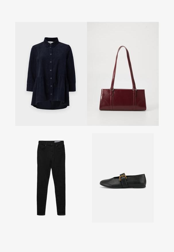Marineblauwe corduroy blouse met een knoopsluiting aan de voorkant, kraag en driekwartmouwen. Bevat een peplum-stijl gerimpelde zoom en een zachte textuur.; Zwarte denim jeans met een slanke pasvorm, voorzien van een taille op middenhoogte, vijf zakken, metalen knoopsluiting en subtiele stiksel-details.; Zwarte leren platte schoen met brede band en grote gouden gesp op een effen witte achtergrond.; Bourgondische handtas van glanzend materiaal, rechthoekige vorm, met twee schouderbanden en subtiele gebogen accenten aan de voorkant.