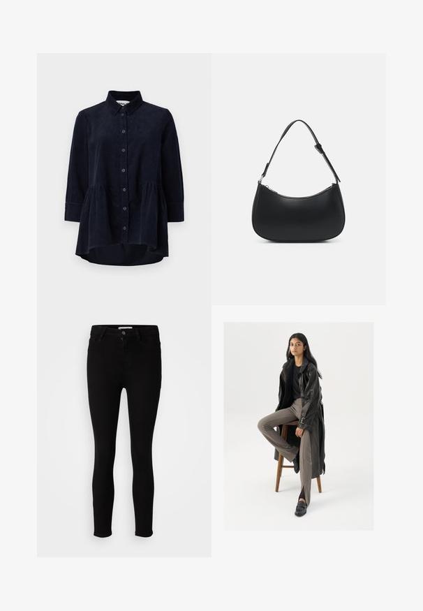 Marineblaues Cordhemd mit Knopfleiste, Kragen und Dreiviertelärmeln. Merkmale sind ein taillierter, geraffter Saum und eine weiche Textur.; Schwarze Slim-Fit-Jeans mit Knopf- und Reißverschluss, Front- und Gesäßtaschen, auf einem neutralen weißen Hintergrund präsentiert.; Schwarzer Leder-Trenchcoat mit Knöpfen und Gürtel-Detail, kombiniert mit hellbraunen, taillierten Hosen und schwarzen Slippern, sitzt auf einem Holzschemel.; Pieces PCALUANA SHOULDER BAG - Handtasche - black
