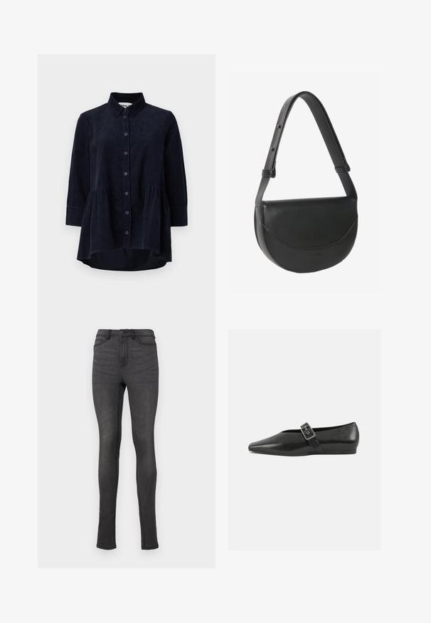 Marineblaues Cordhemd mit Knopfleiste, Kragen und Dreiviertelärmeln. Merkmale sind ein taillierter, geraffter Saum und eine weiche Textur.; Skinny Jeans aus dunkelgrauem Denim, mit hohem Bund, Gürtelschlaufen und einem einzelnen Knopfverschluss. Keine sichtbaren Abnutzungsspuren oder Muster.; Schwarze Lederflachschuhe mit spitzem Zehenbereich, ausgestattet mit einem metallischen Riemen über dem Spann und einer niedrigen, flexiblen Sohle.; Schwarze halbmondförmige Lederschultertasche mit verstellbarem Riemen und Klappverschluss vor weißem Hintergrund.