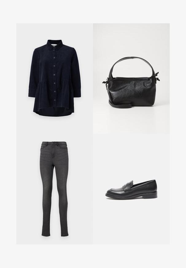 Marineblaues Cordhemd mit Knopfleiste, Kragen und Dreiviertelärmeln. Merkmale sind ein taillierter, geraffter Saum und eine weiche Textur.; Skinny Jeans aus dunkelgrauem Denim, mit hohem Bund, Gürtelschlaufen und einem einzelnen Knopfverschluss. Keine sichtbaren Abnutzungsspuren oder Muster.; Schwarze Lederloafers mit glatter Oberfläche, runder Spitze und seitlichem Nähdetail. Verfügt über einen niedrigen, rechteckigen Absatz.; Schwarze Lederhandtasche mit strukturiertem Design, rundem Haltegriff und abnehmbarem Schulterriemen. Sie weist eine glatte Oberfläche und einen subtilen Glanz auf.
