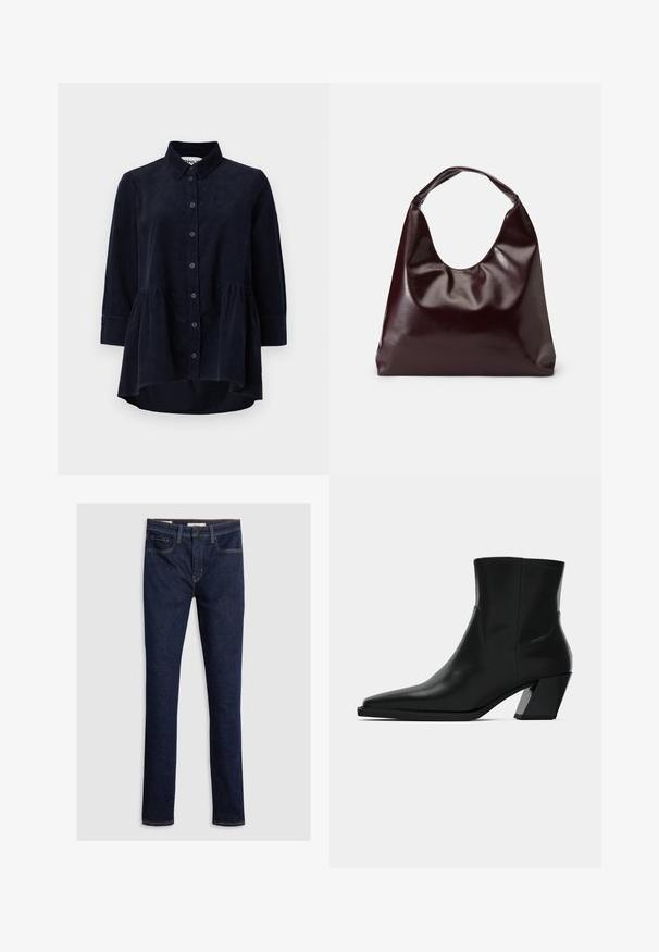 Marineblauwe corduroy blouse met een knoopsluiting aan de voorkant, kraag en driekwartmouwen. Bevat een peplum-stijl gerimpelde zoom en een zachte textuur.; Donkerblauwe denim jeans met een slim fit, vijf zakken, gele stiksels en een ritssluiting met een knoopsluiting.; Zwarte leren enkelboot met een spitse neus, een slanke silhoeet en een chunky vierkante hak. Gladde textuur met minimale stikdetails.; Bordeaux, glanzende vegan leren totebag met een zachte, sculpturale vorm en een brede, gebogen handgreep voor makkelijk dragen.