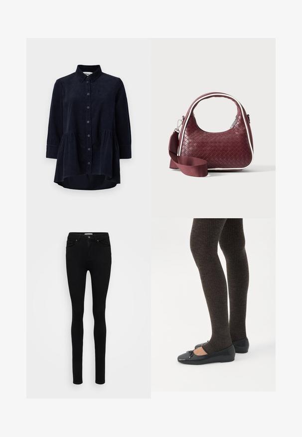 Marineblå kordfløjlsskjorte med knaplukning foran, krave og trekvartærmer. Har en peplum-stil samlet søm og blød tekstur.; Sorte denim skinny jeans med en mellemhøj talje, fem lommer og en glat tekstur. Har en knap- og lynlåslukning foran.; Ben iført mørke ribbede leggings kombineret med sorte balletsko med små sløjfedetaljer på hvid baggrund.; Mørkerød vævet lædertaske med buet hank, hvid kant, sølv lynlås og aftagelig bred stofskulderrem mod en ensfarvet baggrund.
