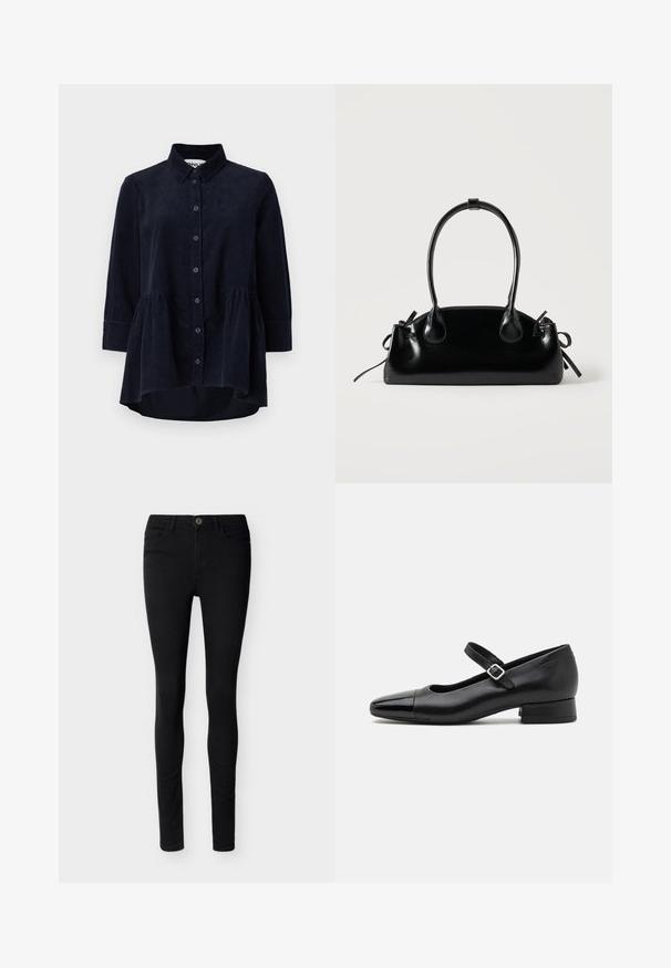 Marineblauwe corduroy blouse met een knoopsluiting aan de voorkant, kraag en driekwartmouwen. Bevat een peplum-stijl gerimpelde zoom en een zachte textuur.; Zwarte skinny jeans met knoop- en ritssluiting aan de voorkant, riemlussen en ontwerp met vijf zakken op een neutrale achtergrond.; Zwarte leren Mary Jane schoenen met een gepatenteerde neus, verstelbare enkelband en lage blokhak. Een gladde textuur en een elegante uitstraling.; Kleine zwarte glanzende handtas met twee lange hengsels en zijkant trekkoord details op een effen lichte achtergrond.