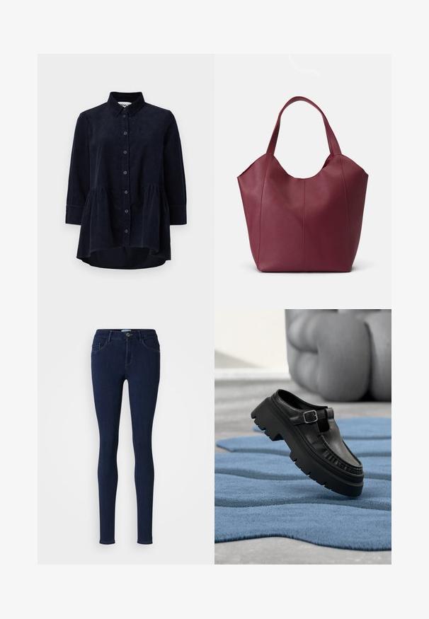 Marineblauwe corduroy blouse met een knoopsluiting aan de voorkant, kraag en driekwartmouwen. Bevat een peplum-stijl gerimpelde zoom en een zachte textuur.; Skinny jeans in donkerblauwe denim. Voorzien van een middelhoge taille, riemlussen, vijf zakken en een knoopsluiting met een gladde textuur.; Zwarte leren loafer met dikke grof profielzool en zilveren gesp, schuin geplaatst op een gestructureerd blauw vloerkleed.; Bordeaux lederen tote bag met twee stevige handvatten, met een gladde textuur en een taps toelopend ontwerp met naaddetail op de voorkant.