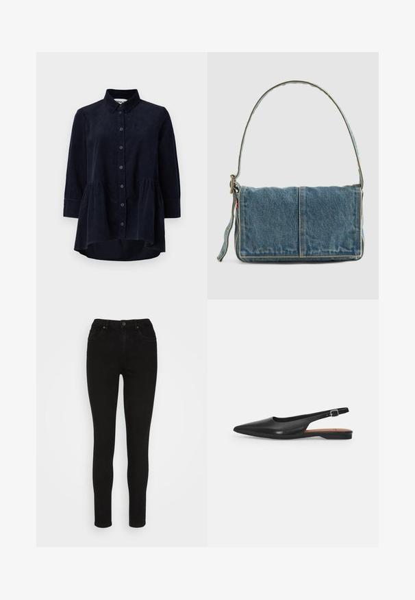 Marineblauwe corduroy blouse met een knoopsluiting aan de voorkant, kraag en driekwartmouwen. Bevat een peplum-stijl gerimpelde zoom en een zachte textuur.; Vero Moda VMLUNA SOPHIA - Jeans Skinny Fit - black denim; Zwarte leren slingback schoen met een spitse neus, subtiele glans en een verstelbare enkelband. Platte hak met een brown inlegzool.; Denim schoudertas met een opvouwbaar ontwerp, lichtblauwe kleur, zichtbare stiksels, verstelbare schouderband en een zijlabel accent.