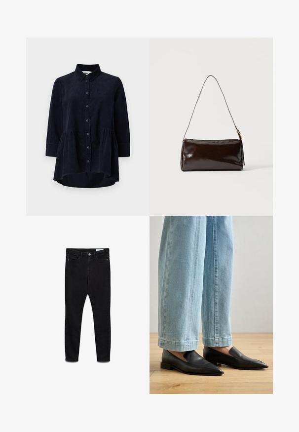 Marineblauwe corduroy blouse met een knoopsluiting aan de voorkant, kraag en driekwartmouwen. Bevat een peplum-stijl gerimpelde zoom en een zachte textuur.; Zwarte high-waist skinny jeans met knoop en ritssluiting aan de voorkant, twee voorzakken en twee achterzakken, plat uitgespreid op een witte achtergrond.; Zwarte leren schoenen met een spitse neus en instapontwerp, gecombineerd met lichtblauwe wijde jeans, op een houten vloer.; Donkerbruine rechthoekige leren schoudertas met een enkele dunne band en goudkleurige gesp op een effen achtergrond.