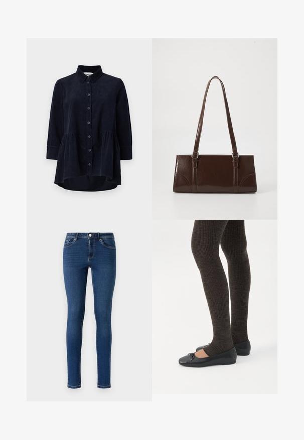 Marineblå kordfløjlsskjorte med knaplukning foran, krave og trekvartærmer. Har en peplum-stil samlet søm og blød tekstur.; Slanke denimjeans i mørkeblå. Har et klassisk fem-lomme-design, metalknaplukning og diskret syninger langs sømmene.; Ben iført mørke ribbede leggings kombineret med sorte balletsko med små sløjfedetaljer på hvid baggrund.; Brun lakeret håndtaske med rektangulær form, to lange håndtag og subtile buede detaljer på fronten.