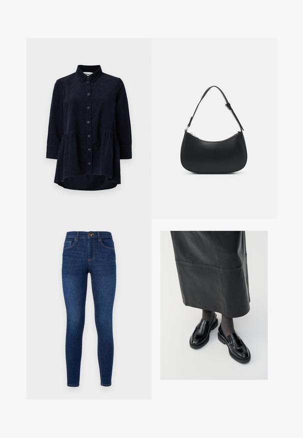 Marineblå kordfløjlsskjorte med knaplukning foran, krave og trekvartærmer. Har en peplum-stil samlet søm og blød tekstur.; Mørkeblå denim skinny jeans med høj talje, klassisk fem-lomme-design, diskret kontrastsyninger og lukning med metalknap.; Sorte læder loafers med en glat finish, prydet med en dekorativ rem, rund tå og tekstureret sål. Båret med en lang sort læderskirt.; Pieces PCALUANA SHOULDER BAG - Håndtasker - black