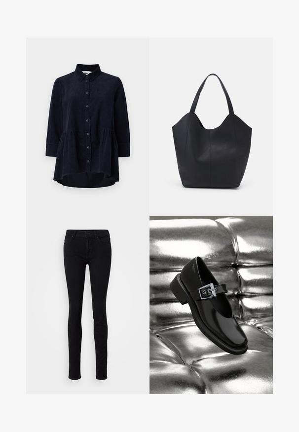 Marineblauwe corduroy blouse met een knoopsluiting aan de voorkant, kraag en driekwartmouwen. Bevat een peplum-stijl gerimpelde zoom en een zachte textuur.; Zwarte skinny jeans gemaakt van denim, met een klassieke vijf-pocketontwerp, een sluiting met een knoop aan de voorkant en een lichte stretch voor comfort.; Zwarte leren Mary Jane-schoenen met een vierkante neus, een zilveren gesp accent en een chunky lage hak, tegen een glanzende zilveren achtergrond.; Zwarte tote tas van glad leer, met een gebogen, open bovenkant en twee schouderbanden, en een minimalistisch ontwerp.