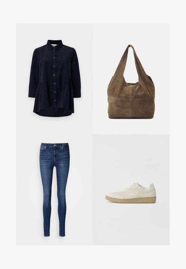 Marineblaues Cordhemd mit Knopfleiste, Kragen und Dreiviertelärmeln. Merkmale sind ein taillierter, geraffter Saum und eine weiche Textur.; Eng anliegende Jeans aus dunkelblauem Denim mit mittelhohem Taillenbund, Fünf-Taschen-Design und dezenten Waschungen vorne und hinten.; Beige Wildledersneaker mit strukturiertem Design, flacher Gummisohle und ausgeprägter Seitennaht. Runde Zehenform und gepolsterter Kragen.; Braune Wildleder-Hobo-Tasche mit einem einzelnen Schulterriemen, weicher Textur und runder Form. Verfügt über eine Naht in der Mitte für zusätzliche Details.