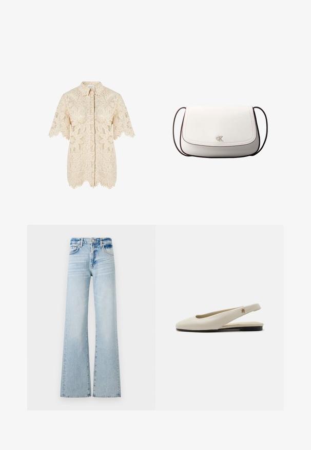 Κρεμ μπλούζα με κοντά μανίκια από δαντέλα με λουλουδάτα σχέδια, κυματιστές άκρες, κουμπιά στο εμπρός μέρος και κλασικό γιακά.; Ανοιχτό μπλε παντελόνια τύπου wide-leg από τζιν, με μεσαία μέση, πέντε τσέπες και αντίθετη ραφή με ξεθωριασμένο φινίρισμα.; Κρεμ δερμάτινο φλατ παπούτσι slingback με στρογγυλεμένη μύτη και μικρό χρυσό έμβλημα στο λουράκι.; Λευκή τσάντα χιαστί με κλείσιμο με καπάκι, μικρό ασημί λογότυπο "cK" στο κέντρο και λεπτό, σκούρο καφέ ρυθμιζόμενο λουράκι.