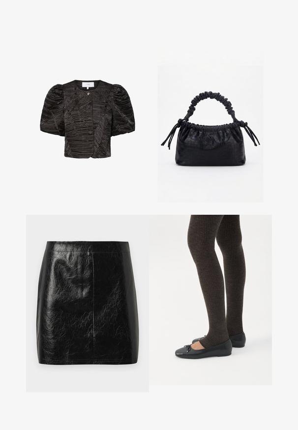 Zwarte cropped jas met geplooide mouwen, met een gestructureerd, geplooid ontwerp. Sluiting met een klein metalen accent, gladde stofafwerking.; Zwarte neplederen mini-jurk met een gladde, glanzende textuur, met een rechte snit en minimale stiksels bij de tailleband.; Benen met donkere geribbelde leggings gecombineerd met zwarte ballerina's met kleine strikdetails op een witte achtergrond.; Zwarte handtas met krokodillenstructuur, geplooide bovenrand, samengevoerde handgreep en koordtassels aan elke kant tegen een witte achtergrond.