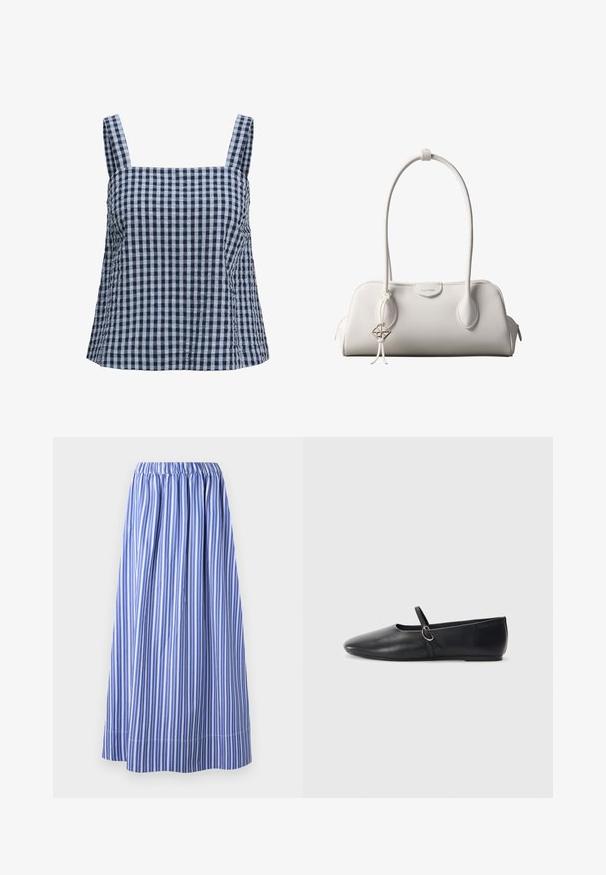 Top de algodón a rayas en azul marino y claro, con escote cuadrado y tirantes anchos, que presenta fruncidos laterales y un ajuste relajado.; Falda a rayas azules y blancas con cintura elástica, de largo hasta la rodilla, confeccionada en una tela ligera, con rayas verticales y un diseño acampanado.; Bailarinas de cuero negro con punta afilada, suela plana y una pequeña correa con detalle de hebilla plateada.; Bolso de hombro blanco de Calvin Klein con asas largas, forma rectangular, cierre de cremallera y charm decorativo con el logo colgando cerca del asa.