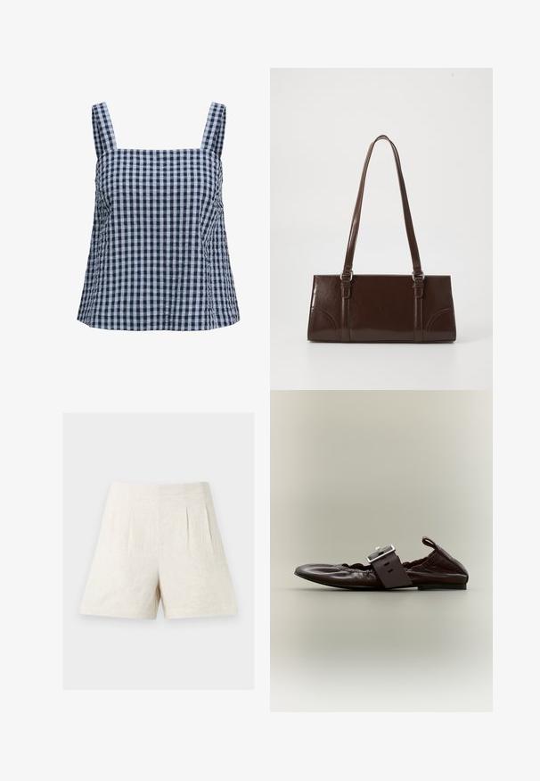 Marineblaues und hellblaues karierte Baumwoll-Top mit quadratischem Ausschnitt und breiten Trägern, das seitliche Raffung und eine lockere Passform aufweist.; Beige Leinen-Shorts mit hohem Bund, Vorderfalten und weitem Bein, präsentiert auf einem schlichten hellen Hintergrund.; Dunkelbrauner flacher Lederschuh mit großem silbernen Schnallenriemen und gerafften elastischen Details, seitlich auf neutralem Hintergrund dargestellt.; Braune Lackleder-Handtasche in rechteckiger Form, mit zwei langen Griffen und subtilen, geschwungenen Akzenten auf der Vorderseite.