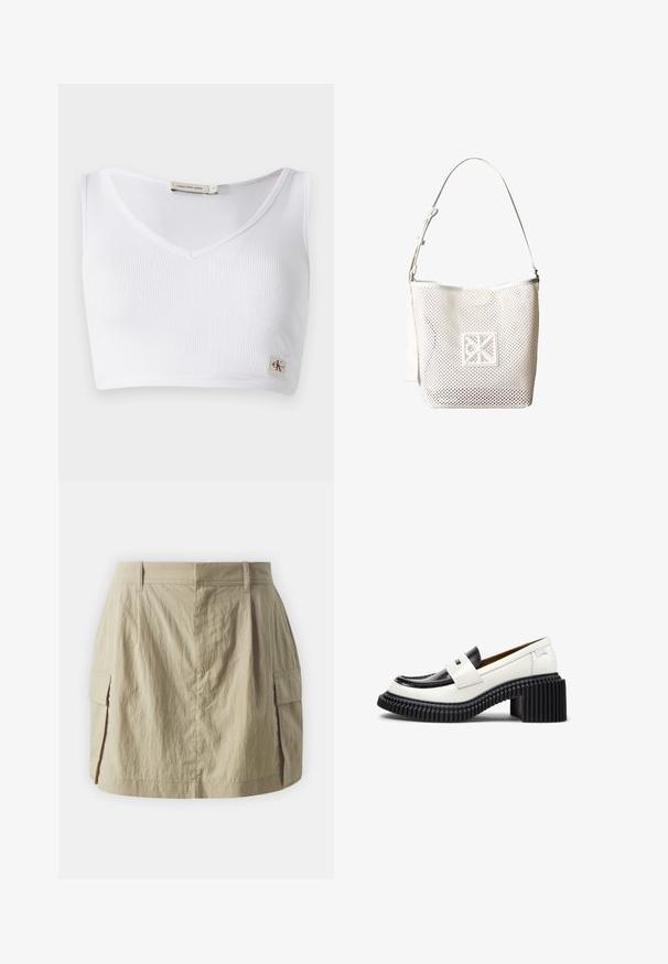 Witte geribbelde bralette met een V-halslijn, brede schouderbanden en een klein logo-label aan de onderrand. Gemaakt van een zachte, rekbare stof.; Khaki cargorok met een uitlopende silhouet, voorzien van zijzakken, een gladde textuur en een ritssluiting aan de achterkant. Verstelbare tailleband.; Lompe loafer met chunky hak, zwarte geribbelde zool, witte leren bovenkant en contrasterende zwarte leren details aan de bovenkant.; Witte schoudertas van mesh met verstelbare band en gestikt geometrisch logoplaatje aan de voorkant, tegen een effen witte achtergrond.