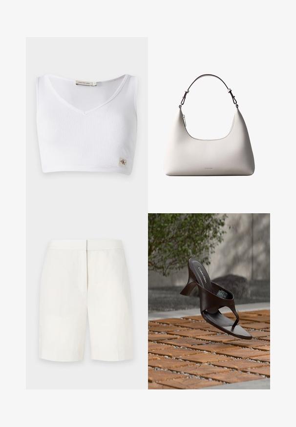 Bralette blanco con relieve que presenta un escote en V, tirantes anchos y una pequeña etiqueta con el logo en el dobladillo. Fabricado con un tejido suave y elástico.; Pantalones cortos de algodón blancos con un corte recto, frente plano y una textura sutil. Presentan una cintura y sin bolsillos visibles. Diseño simple.; Sandalia de tiras con tacón marrón de Calvin Klein suspendida sobre suelo exterior de loseta de madera y grava, con fondo desenfocado de vegetación y piedras.; Bolso de hombro de cuero color crema de Calvin Klein con borde superior curvado, cremallera plateada y correa ajustable marrón oscuro.
