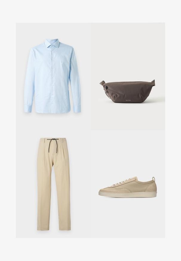 Camisa de manga larga azul claro hecha de algodón. Presenta un collar abotonado, una lista central de botones y un sutil acento de logo en el pecho.; Pantalones beige de corte recto, con cintura elástica ajustable, frontal con pliegues y textura suave. Diseño simple y versátil.; Zapatilla baja beige con parte superior de tela y ante, cordones blancos, suela de goma y lengüeta en el talón, mostrada de perfil sobre fondo blanco.; Riñonera de tela marrón oscuro con bolsillo diagonal con cremallera y pequeño logo blanco en el frontal, sobre un fondo liso y claro.