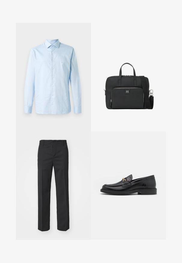 Helles blaugraues Langarmhemd aus Baumwolle. Verfügt über einen Button-Down-Kragen, eine zentrale Knopfleiste und ein dezentes Logo-Akzent auf der Brust.; Filippa K TROY TROUSERS - Stoffhose - black; Schwarze Lederleter mit einer abgerundeten Zehenpartie, ausgestattet mit goldenen Hardwareakzenten und Stichdetails, auf einer niedrigen, strukturierten Gummisohle.; Schwarze Laptoptasche aus strukturiertem Kunstleder. Verfügt über zwei Griffe, einen abnehmbaren Schultergurt und eine Fronttasche mit Reißverschluss und Logo.