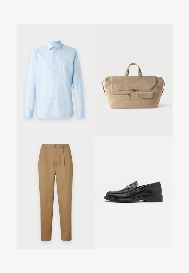 Camisa de manga larga azul claro hecha de algodón. Presenta un collar abotonado, una lista central de botones y un sutil acento de logo en el pecho.; Pantalones de tiro alto de color beige con corte recto, confeccionados en una tela suave. Cuentan con cierre de botón frontal y bolsillos laterales.; Mocasines de cuero negro con punta redondeada, que cuentan con un detalle de herrajes dorados y costuras, situados sobre una suela de goma texturizada y baja.; Bolsa de fin de semana beige de pana con doble asa, cierre de solapa, bolsillo frontal con cremallera y pequeño bolsillo con solapa sobre fondo blanco.