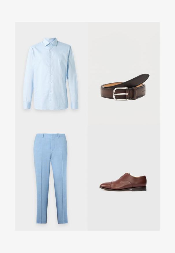 Lichtblauw langemouw overhemd van katoen. Voorzien van een button-down kraag, centrale knoopsluiting en een subtiele logo-accent op de borst.; Lichtblauwe, op maat gemaakte broek van een gestructureerde stof, met een platte voorkant, een vouw langs de pijpen en subtiele zijzakken.; Bruine leren Oxford dresschoenen met gespschoenpunt, gesloten veters en een lage gestapelde hak op een witte achtergrond.; Donkerbruine leren riem opgerold met zilveren rechthoekige gesp op een witte achtergrond.