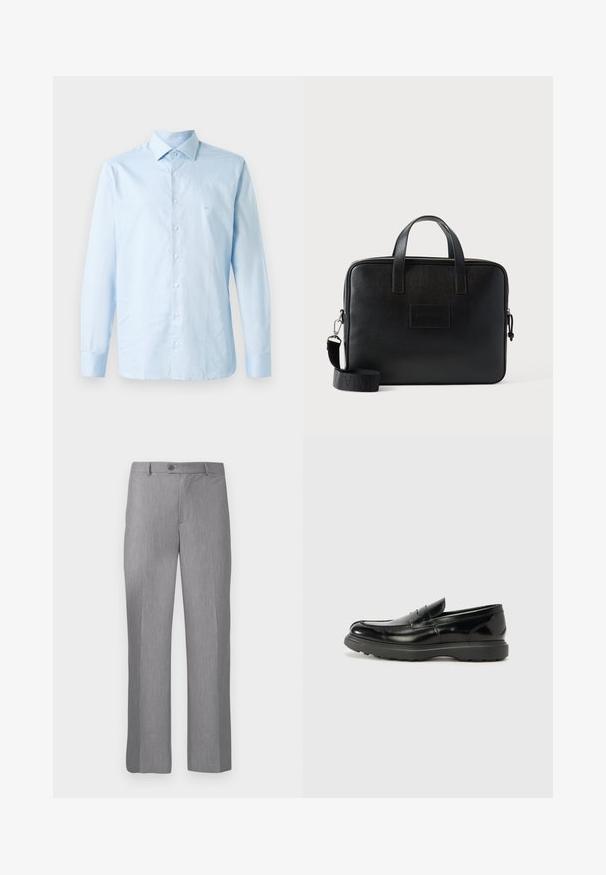 Camisa de manga larga azul claro hecha de algodón. Presenta un collar abotonado, una lista central de botones y un sutil acento de logo en el pecho.; Pantalones de traje grises ajustados con pasadores para cinturón, botón frontal y cremallera, con un corte de pierna recta.; Mocasín de cuero negro con un acabado brillante, punta redondeada, detalles de costura sutiles y una suela de goma gruesa para mayor durabilidad.; Bolso para portátil de cuero negro con dos asas superiores, una correa de hombro desmontable, superficie texturizada y forma rectangular. Parche de logo estampado visible.