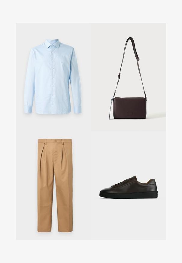 Helles blaugraues Langarmhemd aus Baumwolle. Verfügt über einen Button-Down-Kragen, eine zentrale Knopfleiste und ein dezentes Logo-Akzent auf der Brust.; Beige Baumwollhose mit lässigem Schnitt, gefälteter Gestaltung, Taillengummi mit Knopfverschluss und geradem Bein. Glatte Textur ohne Muster.; Flach geschnittener dunkelbrauner Ledersneaker mit schwarzer Gummisohle, Schnürung vorne und schlicht-minimalistischem Design auf hellem Hintergrund.; Dunkelbraune, strukturierte Leder-Crossbody-Tasche mit verstellbarem Riemen und kleinem dekorativen blauen Akzent an der Seite.