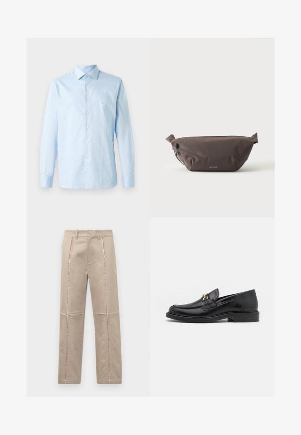 Camisa de manga larga azul claro hecha de algodón. Presenta un collar abotonado, una lista central de botones y un sutil acento de logo en el pecho.; Pantalones beige con corte recto, que presentan franjas laterales de lentejuelas en color rosa dorado y sutiles detalles de costura en las piernas.; Mocasines de cuero negro con punta redondeada, que cuentan con un detalle de herrajes dorados y costuras, situados sobre una suela de goma texturizada y baja.; Riñonera de tela marrón oscuro con bolsillo diagonal con cremallera y pequeño logo blanco en el frontal, sobre un fondo liso y claro.