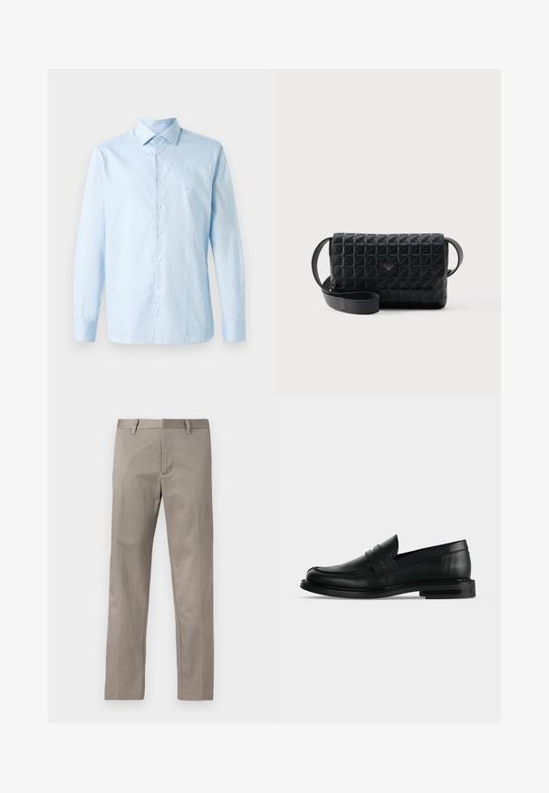 Camisa de manga larga azul claro hecha de algodón. Presenta un collar abotonado, una lista central de botones y un sutil acento de logo en el pecho.; Pantalones gris claro de corte recto, confeccionados con tela lisa, con frente plano y cinturilla estándar con trabillas para cinturón.; Mocasín penny negro de cuero para hombre con tacón bajo y apilado y puntera redondeada, mostrado de lado sobre un fondo gris claro.; Bolso bandolera negro con textura, cierre de solapa y un pequeño logo metálico en el frente, mostrado sobre un fondo liso.