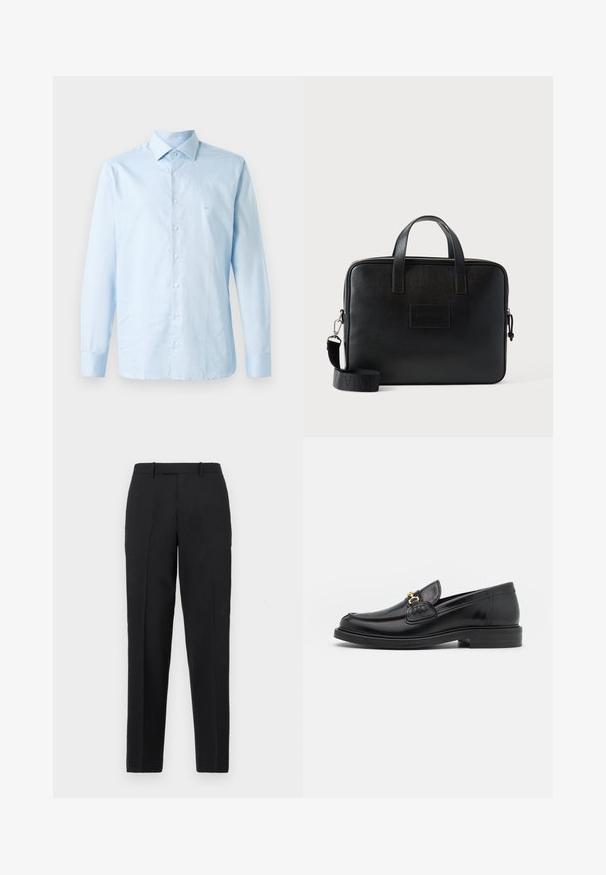 Lichtblauw langemouw overhemd van katoen. Voorzien van een button-down kraag, centrale knoopsluiting en een subtiele logo-accent op de borst.; Theory STRAIGHT - Broek - deep black; Zwarte leren instappers met een ronde neus, voorzien van een gouden hardware accent en stikdetails, geplaatst op een lage, getextureerde rubberen zool.; Zwarte leren laptoptas met twee bovenhandvatten, een afneembare schouderriem, een textuur oppervlak en een rechthoekige vorm. Geëmboste logopatch zichtbaar.