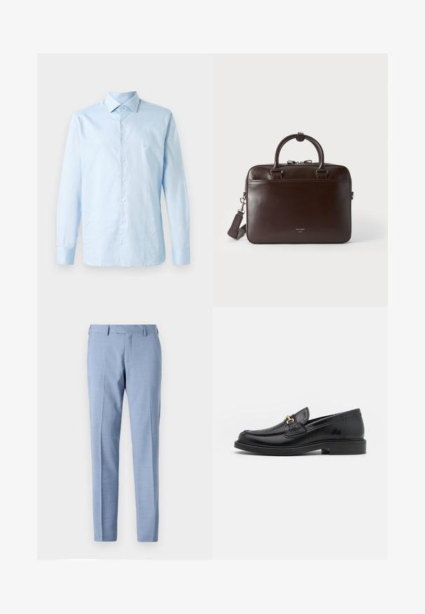 Lichtblauw langemouw overhemd van katoen. Voorzien van een button-down kraag, centrale knoopsluiting en een subtiele logo-accent op de borst.; Lichtblauwe op maat gemaakte pantalon met een vlakke voorkant, zijzakken, riemlussen en een rechte pijpsnede op een effen achtergrond.; Zwarte leren instappers met een ronde neus, voorzien van een gouden hardware accent en stikdetails, geplaatst op een lage, getextureerde rubberen zool.; Donkerbruine leren aktetas met twee handvatten, een afneembare schouderriem en een klein voorlogo op een effen achtergrond.