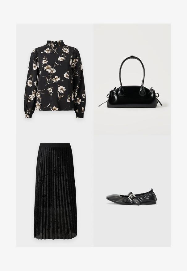 Sort langærmet bluse med høj samlet krave, prydet med et blomsterprint i hvid og beige, tekstureret stof og tætsiddende manchetter.; Sort plisseret nederdel lavet af sammet, med en struktureret overflade og glitrende dekorationer jævnt fordelt over stoffet.; Sorte læder flade sko med spids tå, samling detaljer omkring åbningen, og en sølv spænde accent på den justerbare rem.; Lille sort blank håndtaske med to lange håndtag og snøre-detaljer i siden på en ensfarvet lys baggrund.