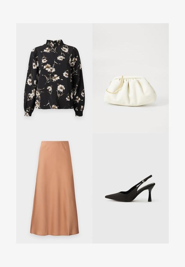 Blouse noire à manches longues avec un col haut froncé, ornée d'un motif floral en blanc et beige, en tissu texturé, et avec des poignets ajustés.; Une longue jupe évasée en tissu pêche doux de couleur moyenne, avec une texture lisse et sans motifs ni ornements visibles.; Chaussures à talons noires avec une bride, à bout pointu, finition mate lisse et talon fin brillant. Sangle ajustable avec petit détail de boucle.; Sac à main en cuir blanc avec un design plissé, doté d'une bandoulière en chaîne dorée et d'une forme arrondie. Texture lisse avec des plis doux et sans motifs.