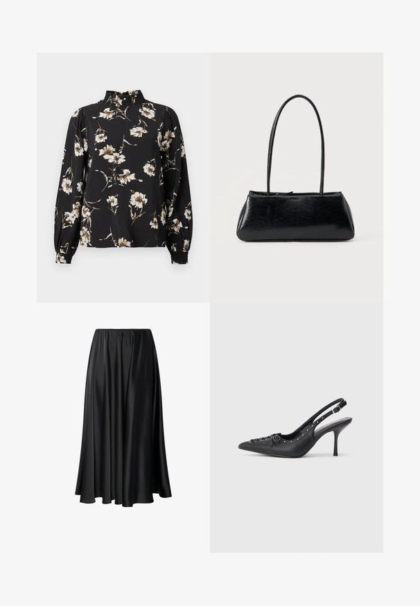Sort langærmet bluse med høj samlet krave, prydet med et blomsterprint i hvid og beige, tekstureret stof og tætsiddende manchetter.; Sort maxiskirt lavet af glat stof, med en elastisk talje, fuld silhuet og en flydende kant uden synlige mønstre eller detaljer.; Sorte læder slingback stiletto med spids tå, side spændebånd, nitter langs kanten og dekorativ snøring foran.; Sort rektangulær skuldertaske med lange tynde stropper og en glat, blank tekstur på en ensfarvet baggrund.