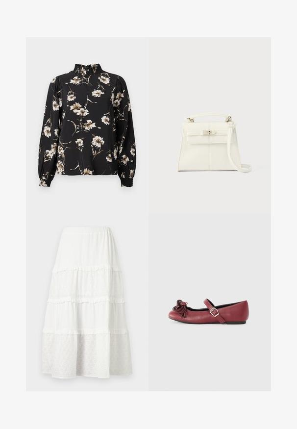 Blusa negra de manga larga con un cuello alto y fruncido, con un estampado floral en blanco y beige, fabricada con un tejido texturizado y con puños ajustados.; Falda midi blanca de capas con paneles alternos de encaje sólido y de ojales, con un sutil volante en las costuras.; Bailarinas de cuero burdeos con punta redonda, correa para el tobillo y un detalle decorativo de borlas en la parte frontal. Suela plana y diseño sencillo.; Bolso de mano de piel blanca con forma estructurada, asa superior, correa de hombro desmontable y cierre con broche plateado. Textura suave, diseño minimalista.