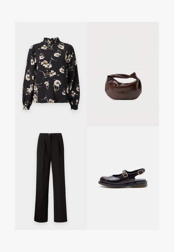 Blusa negra de manga larga con un cuello alto y fruncido, con un estampado floral en blanco y beige, fabricada con un tejido texturizado y con puños ajustados.; Pantalones negros con un diseño de pierna recta, con pliegues frontales, cierre de botón y una tela suave y texturizada.; Zapato tipo Mary Jane de cuero burdeos oscuro con dos hebillas ajustables y suela de goma negra, mostrado de perfil sobre fondo blanco.; Bolso de hombro de cuero marrón oscuro con una forma suave y caída, y un asa con nudo torcido sobre un fondo blanco liso.