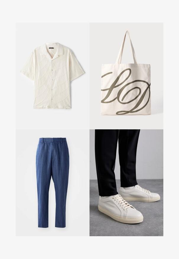 Kortærmet skjorte med knapper i off-white, der har et tekstureret stof med bølgelignende mønstre og en klassisk krave.; Marineblå linnedragt med afslappet pasform, elastisk talje og tapered ben. Har en glat tekstur og minimale syninger.; Lys beige lædersneakers med flade snørebånd, en tekstureret overflade og en kontrasterende cremelilla gummisål, båret med sorte tapered bukser.; Canvas tote bag i lys creme med et stort mørkeolivengrønt kursiv "LD" design. Har to robuste håndtag til bæring.