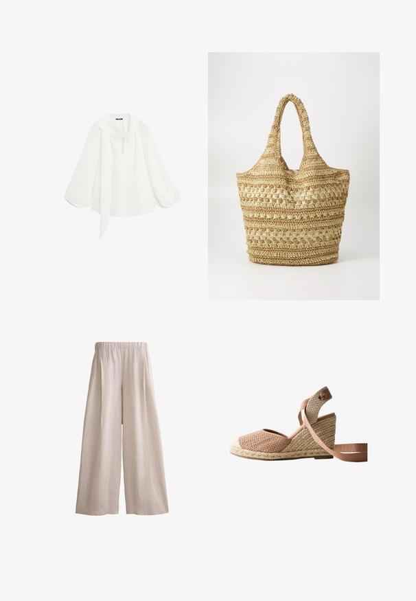 Witte blouse met lange mouwen, brede opgeblazen mouwen en een lange stoffen strik die om de halslijn gedrapeerd is.; Beige wijde broek met elastische tailleband, gemaakt van lichtgewicht stof, plat gelegd op een witte achtergrond.; Wedge espadrille met beige en roze geweven bovenwerk, gevlochten jutezool en roze enkelriem op witte achtergrond.; Geweven stro tote bag met dubbele handvatten, voorzien van een gestructureerd, open weefpatroon en naturel beige kleur, geschikt voor casual gebruik.