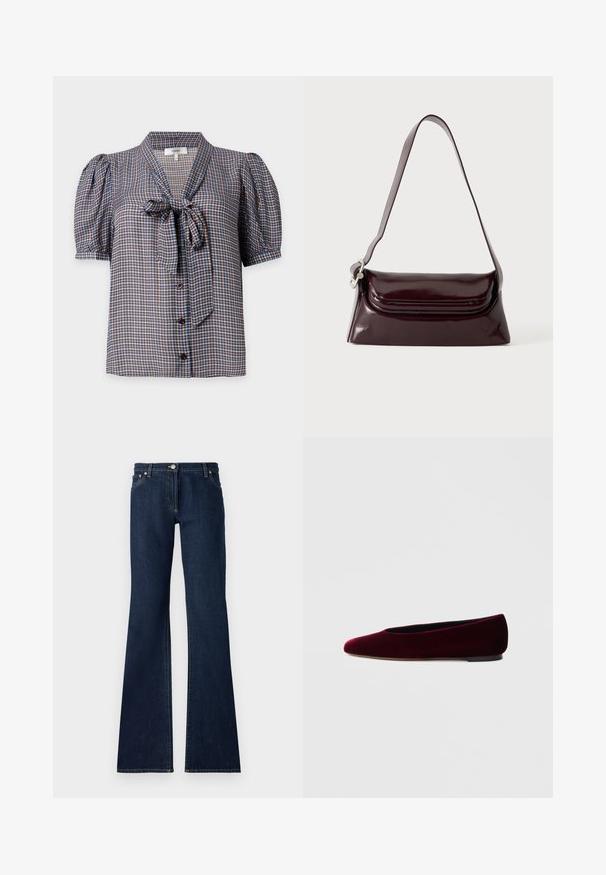 Blouse à manches courtes boutonnée avec un motif à carreaux bleu et marron et un nœud noué au col.; Jean flare bleu foncé en denim, dotés d'un design à cinq poches, de passants de ceinture et de coutures jaunes contrastées le long des coutures.; Ballerines en velours bordeaux avec un bout arrondi et un talon bas, présentant une texture lisse et un design élégant.; Sac à bandoulière en cuir bordeaux foncé avec fermeture à rabat et une fine sangle réglable, présenté sur un fond clair uni.