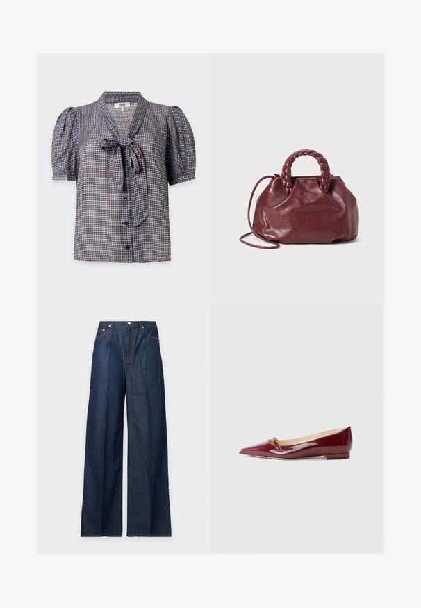 Blouse à manches courtes boutonnée avec un motif à carreaux bleu et marron et un nœud noué au col.; Jean en denim bleu foncé à jambes larges avec poches avant, passants de ceinture et fermeture par bouton, présenté sur un fond clair uni.; Ballerines en cuir verni bordeaux avec un bout pointu, présentant un petit détail découpé et un petit talon. Texture lisse et design épuré.; Sac à main en cuir bordeaux avec une anse tressée, texture douce et forme arrondie. Dispose d'une bandoulière amovible pour plus de polyvalence.