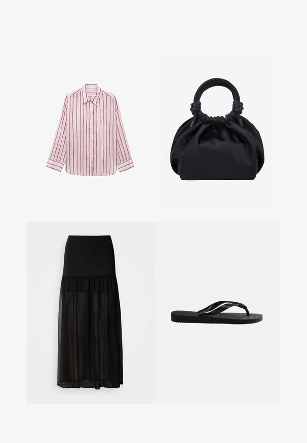 Camisa de botones de manga larga color rosa claro con rayas verticales negras, cuello clásico y mangas con puños. Tejido suave con una textura lisa.; Falda maxi negra con una cinturilla elástica ajustada, que presenta un fondo de chiffon transparente en capas para un aspecto fluido.; Chancla negra de goma con plantilla texturizada y correa en forma de Y lisa sobre un fondo claro simple.; Bolso de mano de tela negra suave con parte superior fruncida y asas acolchadas circulares atadas con nudos a cada lado.
