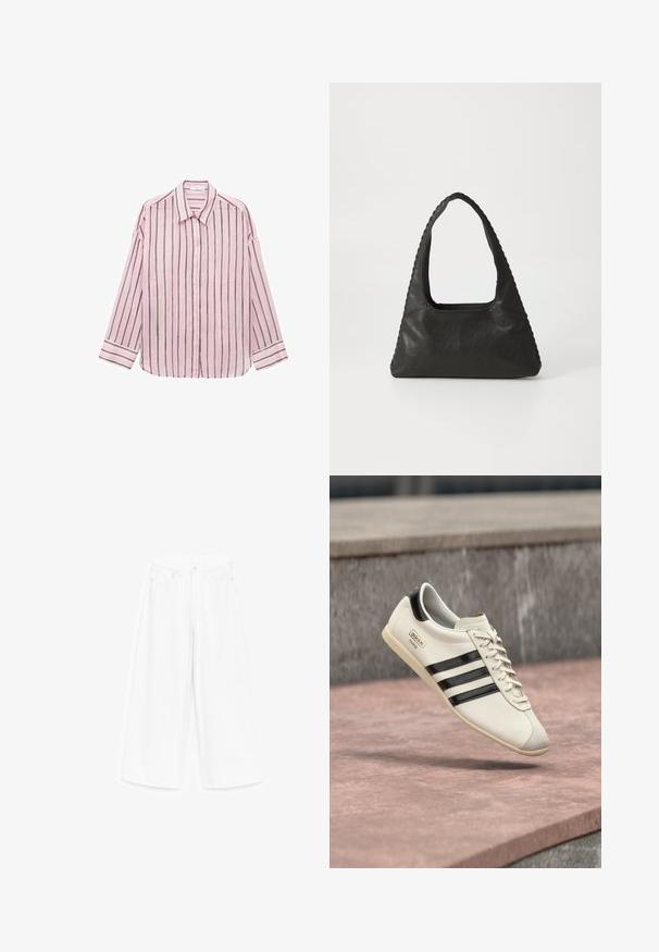 Camisa de botones de manga larga color rosa claro con rayas verticales negras, cuello clásico y mangas con puños. Tejido suave con una textura lisa.; Pantalones vaqueros blancos de pierna ancha con cierre frontal de botón y cremallera, trabillas para cinturón y diseño de cinco bolsillos.; Zapatilla blanca de Adidas con rayas negras y suela beige, flotando sobre una superficie de concreto rosada y un fondo de piedra gris.; Bolso de cuero negro con forma triangular, un gran asa recortada y costuras detalladas a lo largo de los bordes. Textura suave.