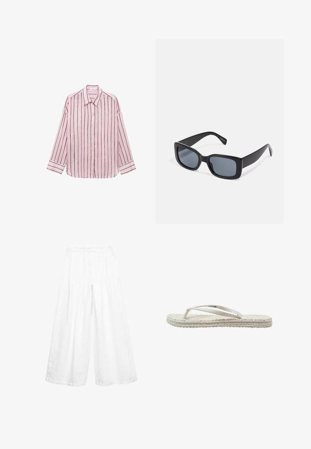 Camisa de botones de manga larga color rosa claro con rayas verticales negras, cuello clásico y mangas con puños. Tejido suave con una textura lisa.; Pantalones blancos de pierna ancha y cintura alta con pliegues y cierre de botones delanteros, hechos de tela ligera, adecuados para uso casual o formal.; Sandalia plana blanca tipo chancla tejida con tira delgada para el dedo y suela trenzada texturizada vista desde un lado.; Gafas de sol rectangulares negras con lentes oscuros, montura de plástico grueso y patillas anchas. Superficie lisa y diseño anguloso.