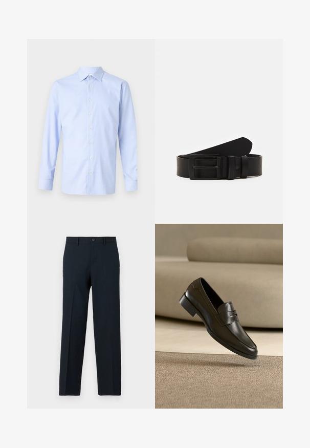 Hellsblaues Langarmhemd mit kariertem Muster, Knopfleiste, spitzen Kragen und subtiler Textur. Taillierte Passform mit geknöpften Manschetten.; Schwarze Slim-Fit-Hose mit Knopf- und Reißverschluss, Gürtelschlaufen und geradem Bein.; Schwarzer Leder-Slipper, der über einem beigen Teppich schwebt, mit einem beigen Sofa im Hintergrund, und zeigt das klassische Herren-Design zum Hineinschlüpfen.; Schwarzledergürtel mit einer mattscharzen rechteckigen Metallschnalle und zwei Gürtelschlaufen auf weißem Hintergrund.
