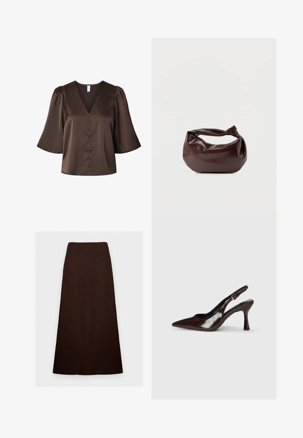 Blouse en satin brun avec des manches bouffantes aux coudes, col en V et une rangée de boutons recouverts à l'avant.; Jupe marron foncé, longueur cheville, forme trapèze avec une texture lisse et unie et une taille ajustée sur un fond blanc uni.; Talons slingback en cuir verni brun avec un bout pointu, un talon fin, et une sangle réglable avec une petite boucle.; Sac bandoulière en cuir marron foncé avec une forme souple et décontractée et une anse nouée torsadée sur un fond blanc uni.