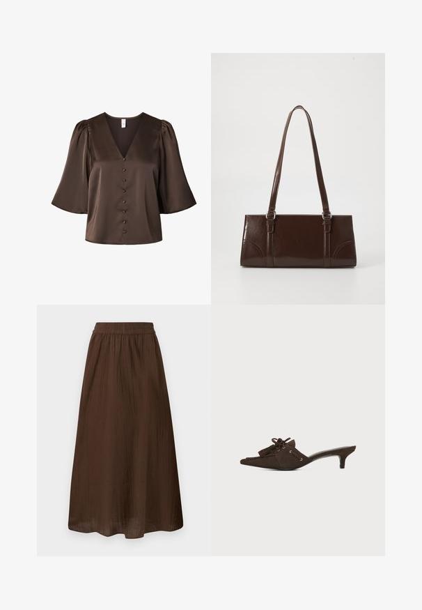 Blouse en satin brun avec des manches bouffantes aux coudes, col en V et une rangée de boutons recouverts à l'avant.; Jupe marron longueur cheville avec taille élastique froncée et tissu légèrement texturé, présentée à plat sur un fond blanc.; Mule en daim marron avec bout pointu, petit talon kitten, lacets noués en nœud et détails à pompons sur fond blanc.; Sac à main en cuir verni marron de forme rectangulaire, avec deux longues poignées et des accents courbés subtils à l'avant.